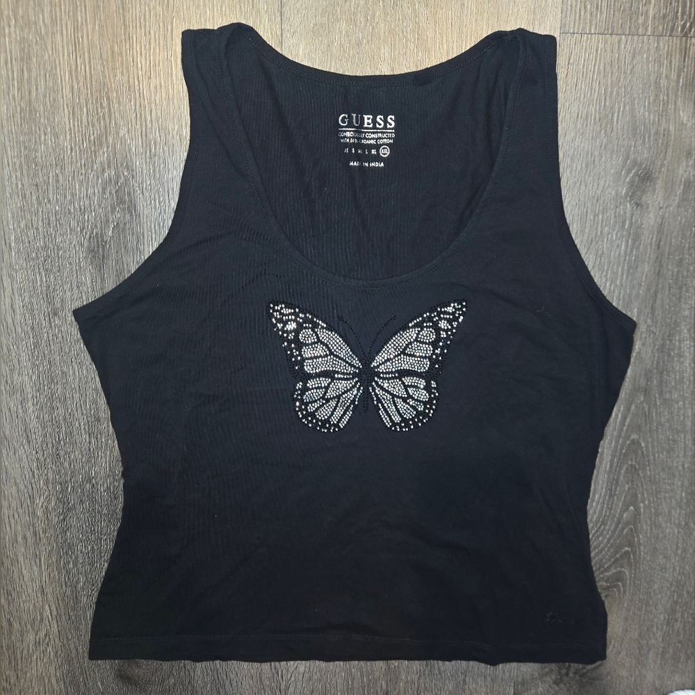 Guess Tank Top with Butterfly Design, GUESS rhinestone Butterfly Tank Top